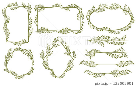 Green olive frames and borders with leaves, tree branches and fruits. Vector circle, square, rectangle and oval frames, border lines and dividers set with green olives and leaves floral ornament 122003901