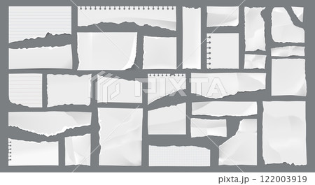 White torn paper texture, rip tear paper pieces and scraps, vector scrapbooking craft. Blank white spiral notebook pages and crumpled notepad sheet strips with torn grunge edges and cutout holes 122003919