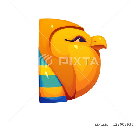 Cartoon Egyptian font falcon bird D letter. Ancient civilization latin alphabet element, Africa pharaoh vector game font typeset symbol or egypt mythology English ABC D letter with Horus god bird 122003939