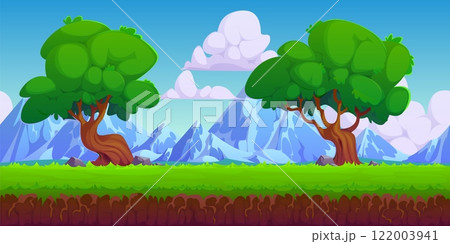 Game background with trees and mountains landscape under clear sky with white fluffy clouds. Cartoon vector natural scene with lush green trees and grass with rocky peaks, summertime fantasy backdrop 122003941