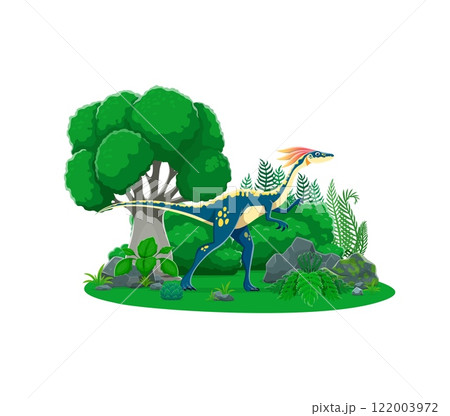 Compsognathus prehistoric dinosaur in a jungle environment. Cartoon vector carnivorous dino lived during the late jurassic period features bright colors and surrounded by lush ferns, trees and rocks 122003972