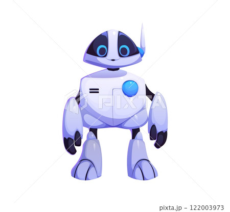 Cartoon futuristic robot character for mascot animal or digital droid, vector personage. Cartoon cyborg toy sloth, panda or raccoon animal as robotic android bot cartoon character with face display 122003973
