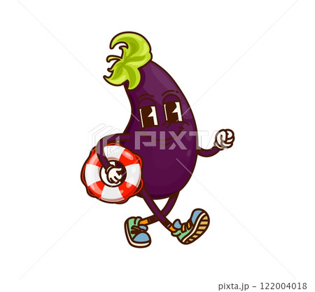 Cartoon groovy eggplant vegetable character on summer vacation carrying a swimming ring, exuding playful and cheerful vibes. Vector funky ripe veg personage depicting holiday joy and beach relaxation 122004018