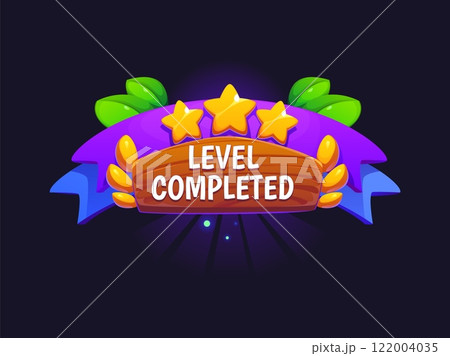 Level completed badge or game win victory award banner, vector cartoon GUI asset. Level completed congrats with stars and wreath laurel on wooden plank for winner or next level up badge reward Level completed badge or game win victory award banner, vector cartoon GUI asset. Level completed congrats with stars and wreath laurel on wooden plank for winner or next level up badge reward 122004035