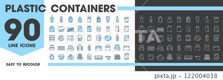 Plastic food containers and package line icons vector set. Linear signs of disposable cup, bottle, tray, box and wrap, coffee mugs, bags and plates. Jar, milk bottle, fast food packs and snack dishes 122004038