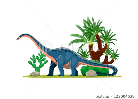 Shunosaurus prehistoric dinosaur character. Isolated cartoon vector ancient herbivore sauropod reptile animal in natural environment with rock, tree and plants. Mid Jurassic paleontology era lizard Shunosaurus prehistoric dinosaur character. Isolated cartoon vector ancient herbivore sauropod reptile animal in natural environment with rock, tree and plants. Mid Jurassic paleontology era lizard 122004039