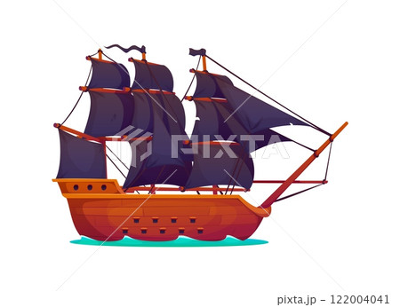 Buccaneer pirate historical frigate sail ship. Buccaneer ancient caravel warship. Privateer old frigate vessel isolated vector or pirate historical galleon ship with black sails Buccaneer pirate historical frigate sail ship. Buccaneer ancient caravel warship. Privateer old frigate vessel isolated vector or pirate historical galleon ship with black sails 122004041