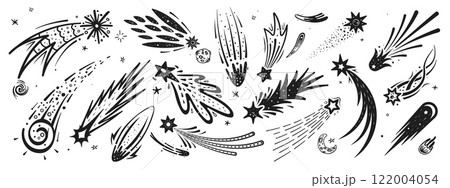 Doodle space shooting stars with trails, hand drawn starburst silhouettes in the night sky. Vectors set of black meteors or asteroids. Cosmic falling comets with traces, streaks of light, magic energy 122004054