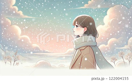 雪の降る中に佇む女性 122004155