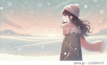 雪の降る中に佇む女性 122004157
