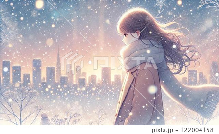 雪の降る中に佇む女性 122004158