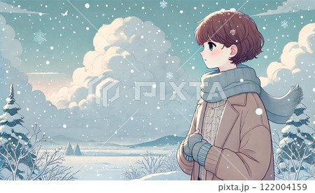 雪の降る中に佇む女性 122004159
