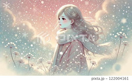 雪の降る中に佇む女性 122004161