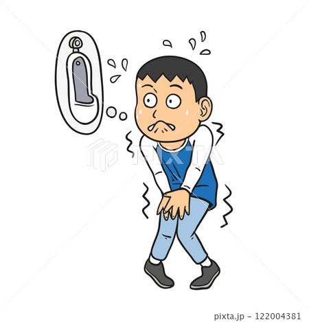 Cartoon man waiting for toilet with abdominal pain 122004381