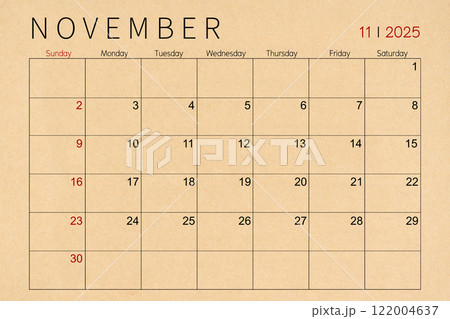November craft brown paper calendar page for 2025 year. 122004637