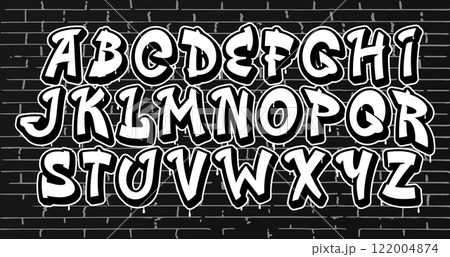 Graffiti font, street art typeface, hip hop type, grunge English alphabet featuring white, bold, outlined uppercase letters with a dynamic urban aesthetic. Vector teenage culture typography characters Graffiti font, street art typeface, hip hop type, grunge English alphabet featuring white, bold, outlined uppercase letters with a dynamic urban aesthetic. Vector teenage culture typography characters 122004874