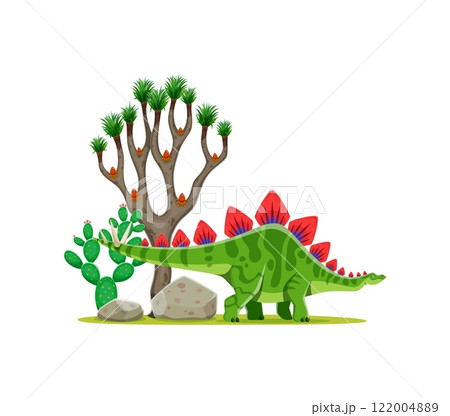 Cartoon prehistoric stegosaurus dinosaur character. Isolated vector dino with row of plates along its back and spiked tail, stands near cacti and desert vegetation. Herbivore of Late Jurassic period Cartoon prehistoric stegosaurus dinosaur character. Isolated vector dino with row of plates along its back and spiked tail, stands near cacti and desert vegetation. Herbivore of Late Jurassic period 122004889