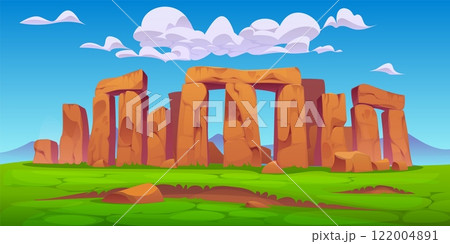 Stonehenge landscape, ancient travel landmark, mysterious dolmen in England. Cartoon vector iconic stone formations under clear blue sky with scattered clouds, capturing the essence wonder and mystery Stonehenge landscape, ancient travel landmark, mysterious dolmen in England. Cartoon vector iconic stone formations under clear blue sky with scattered clouds, capturing the essence wonder and mystery 122004891
