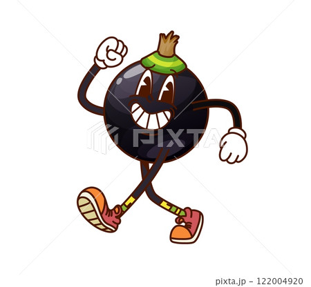 Cartoon groovy black currant berry character walking with big smile spread joy and liveliness. Isolated vector fun and energetic fruit with playful expression and retro hippie sneakers exudes y2k vibe 122004920