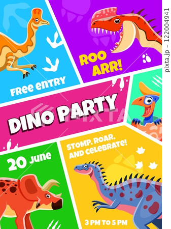 Kids party flyer with funny dino characters. Vector invitation designed as colorful collage with funny prehistoric dinosaur animals and event details. Poster inviting kids to celebration or attraction 122004941