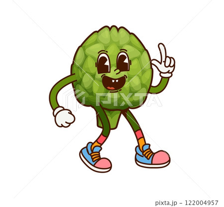 Groovy artichoke vegetable character on fitness or sport, vector retro cartoon comic. Groovy artichoke with funny face in sport shoes on workout training or fitness exercise and healthy lifestyle 122004957