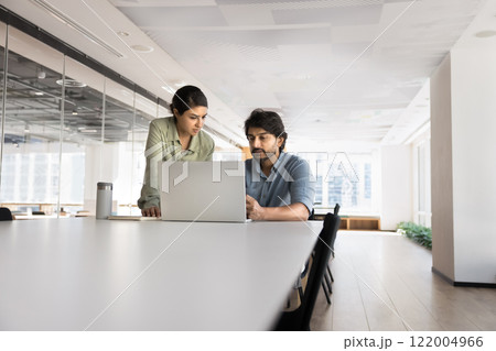 Couple of young Indian professional colleagues working on online project 122004966