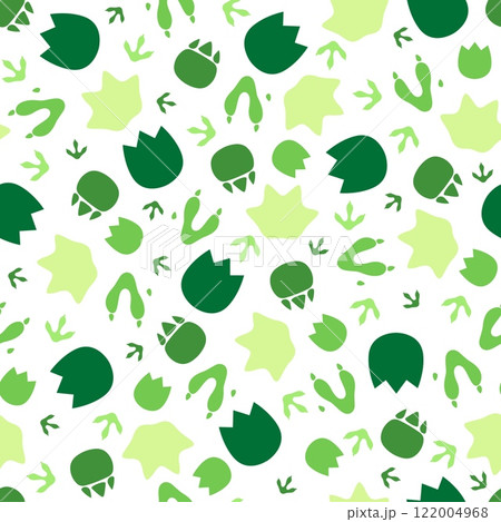Dinosaur footprint seamless pattern background. Cartoon vector green ancient dino reptile animal paw prints impression on ground. Jurassic era archaeological and paleontology fossil of prehistoric era 122004968