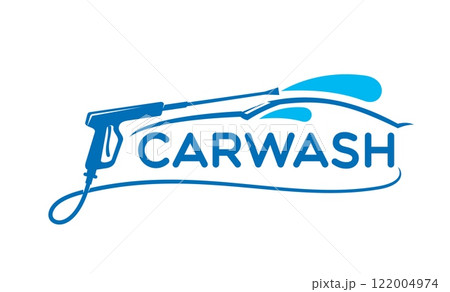 Car washing service icon featuring a blue pressure washer spraying water over a stylized car outline with an integrated bold carwash text, emphasizing cleanliness, professionalism and modern service 122004974