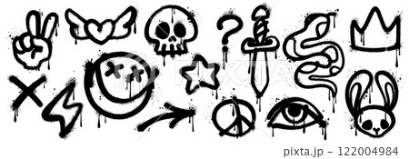 Grunge graffiti paint, ink spray vector icons set. Black urban and street culture elements. Snake, skull, crown and rabbit head, lightning bolt, question mark and winged heart. Eye, star and cross Grunge graffiti paint, ink spray vector icons set. Black urban and street culture elements. Snake, skull, crown and rabbit head, lightning bolt, question mark and winged heart. Eye, star and cross 122004984