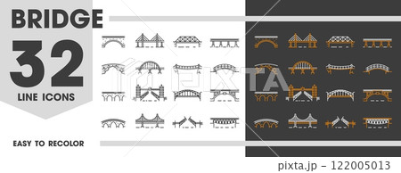 Bridge line icons for architecture, building or transportation and construction, vector symbols. Different bridge types and constructions of drawbridge for highway road or pedestrian link over river Bridge line icons for architecture, building or transportation and construction, vector symbols. Different bridge types and constructions of drawbridge for highway road or pedestrian link over river 122005013