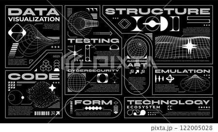 Retro futuristic cyberpunk labels, highlighting concepts like cybersecurity, data visualization, technology ecosystem, code and algorithm with a blend of modern digital aesthetics in black and white 122005028