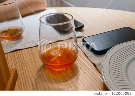 dirty glasses on the table of a Georgian cafe. stained drink glass 122005092