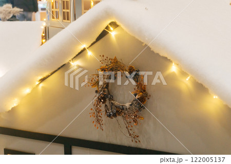New Year's decor in a hypermarket. festive Christmas decorations in the mall New Year's decor in a hypermarket. festive Christmas decorations in the mall 122005137