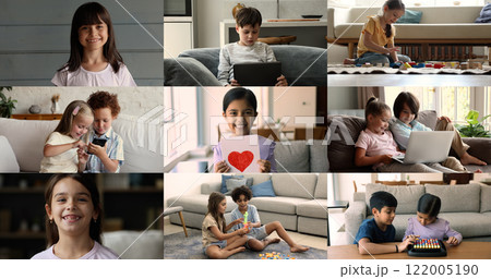 Kids play, use tech, spend time at home, collage view Kids play, use tech, spend time at home, collage view 122005190