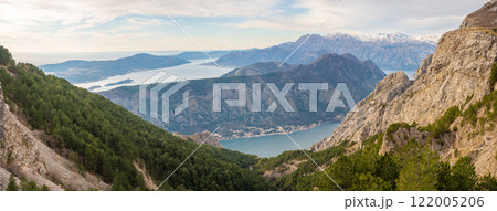 Panoramic view of Kotor Bay Boca and mountains from mountain view point in Montenegro in winter time 122005206