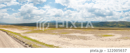 Panorama of southern Kyrgyzstan, view of high mountain plateau on the road to Kelsuu lake 122005637