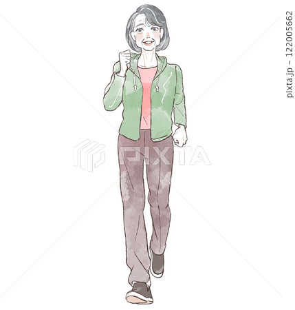 元気に正面に向かって歩く笑顔のシニア女性 元気に正面に向かって歩く笑顔のシニア女性 122005662