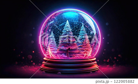 Snowball with neon light effects featuring winter trees in a playful display 122005882