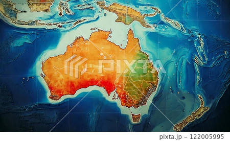 Detailed topographic map highlighting the landscape features of Australia Detailed topographic map highlighting the landscape features of Australia 122005995