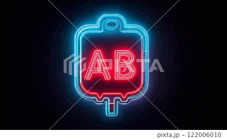 Neon blood container labeled AB glows against a dark background with vibrant colors 122006010