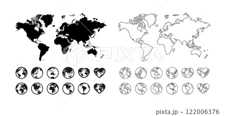 様々な角度から見た地球アイコンと世界地図セット 122006376