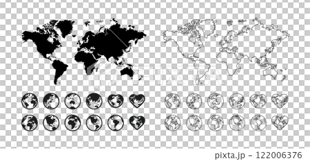 様々な角度から見た地球アイコンと世界地図セット 122006376