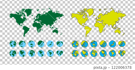 様々な角度から見た地球アイコンと世界地図セット 様々な角度から見た地球アイコンと世界地図セット 122006378