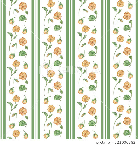A delicate seamless pattern with yellow watercolor viola flowers and vertical green stripes painted by hand. Classic country style, floral pattern for wallpaper and fabric. 122006382