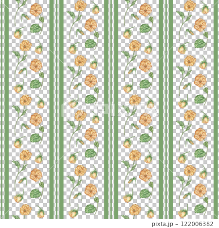 A delicate seamless pattern with yellow watercolor viola flowers and vertical green stripes painted by hand. Classic country style, floral pattern for wallpaper and fabric. 122006382