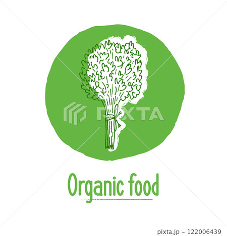Round logo, label for organic natural products. A hand-drawn bunch of greenery on a green background. Design for packaging, menus, farm-based, eco-friendly, vegetarian products. Round logo, label for organic natural products. A hand-drawn bunch of greenery on a green background. Design for packaging, menus, farm-based, eco-friendly, vegetarian products. 122006439