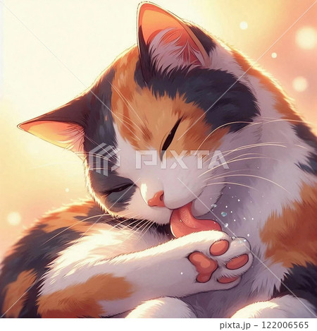 毛づくろいをする三毛猫 122006565