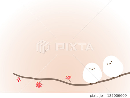 ナナカマドの枝にとまっているシマエナガのかわいいフレーム背景　 122006609