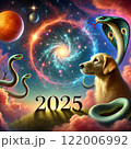 black dog with a poster in space 122006992
