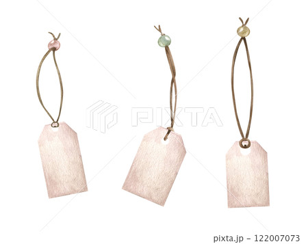 Watercolor craft paper hang empty tags with string for price text or cloth labels clip art illustration isolated background. Blank pink cardboard tag on brown rope with bead set for note, holiday gift 122007073
